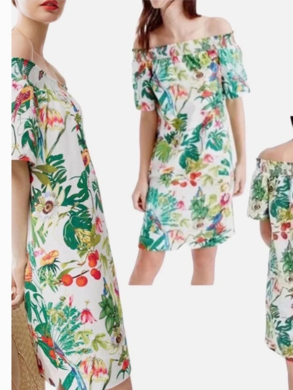 J. Crew White Tropical Floral Birds  Print Off-Shoulder Cotton Dress size 00